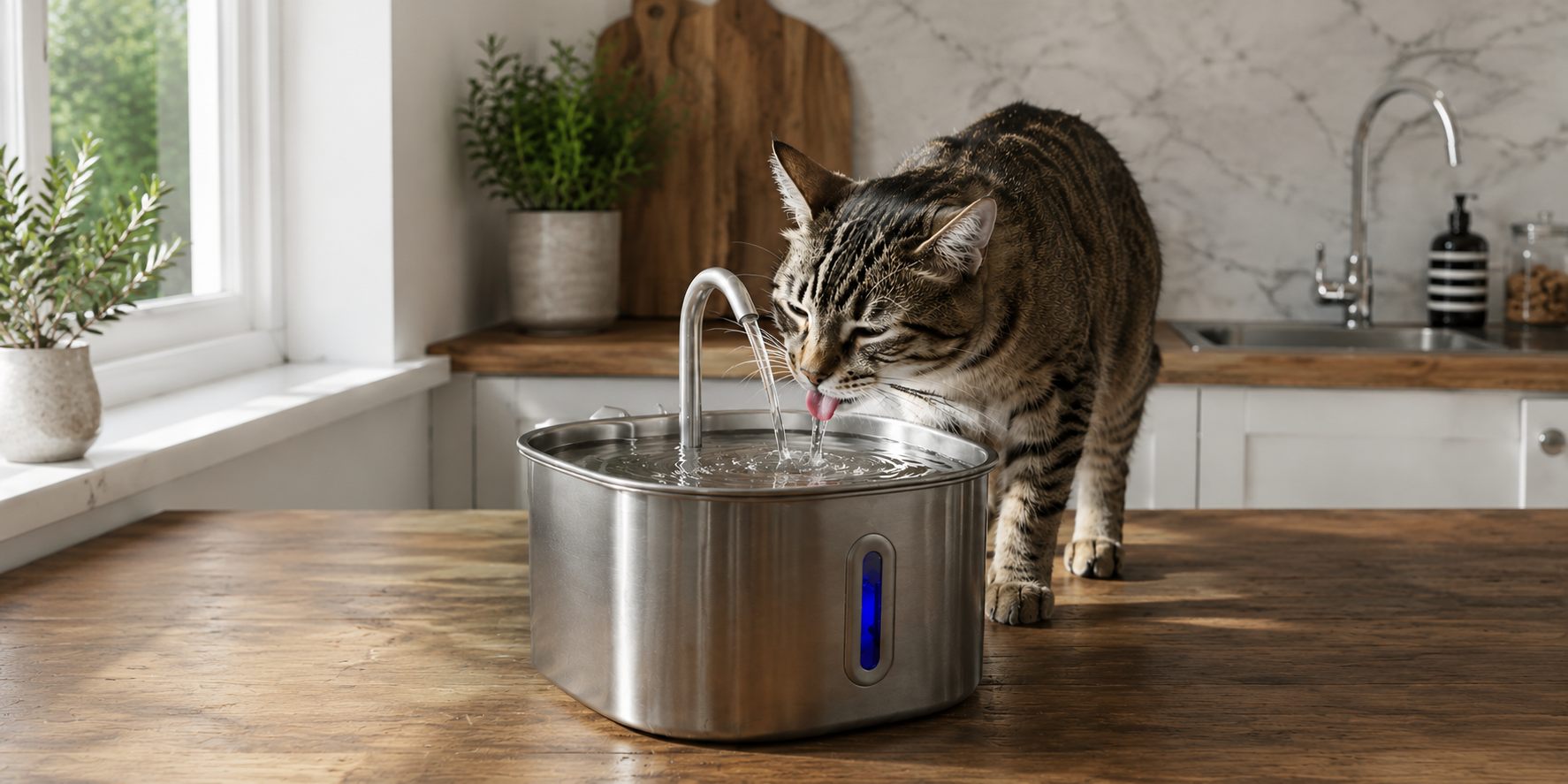 Un chat tigré boit à une fontaine à eau en inox posée sur un plan de travail